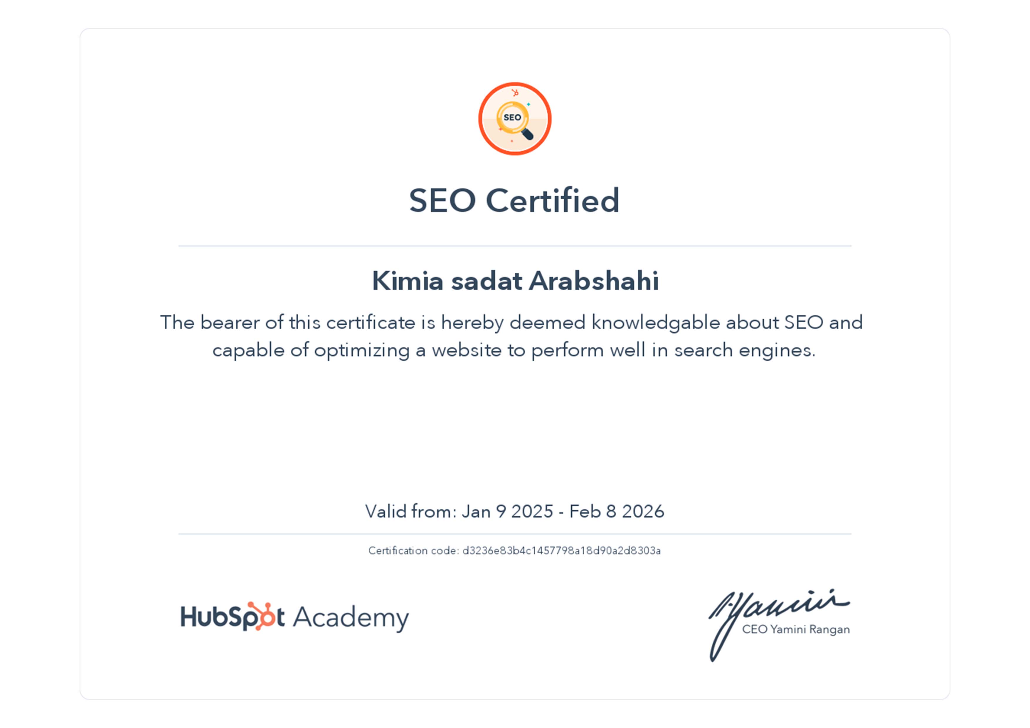 گواهینامه موفقیت در دوره آموزشی SEO کمپانی HUBSPOT خانم عربشاهی